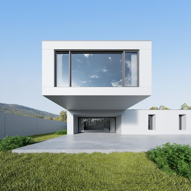 3D-Darstellung eines weißen, modernen Hauses mit großer Betonterrasse und Rasenplatz