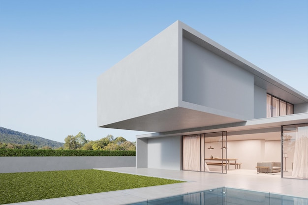 3D-Darstellung eines weißen modernen Hauses mit Marmorterrassenboden und Swimmingpool
