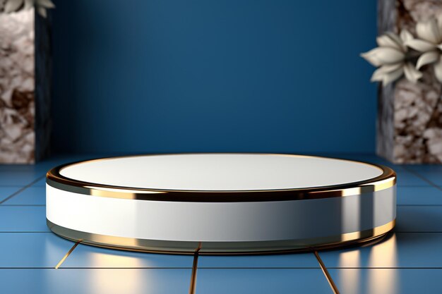 3D-Darstellung eines weißen Podiums mit blauem Hintergrund Luxuspodium für die Produktpräsentation