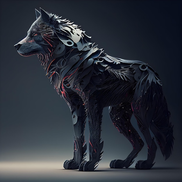 3D-Darstellung eines Wolfs mit futuristischem Design auf dunklem Hintergrund