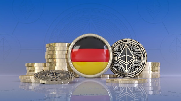3D-Darstellung einiger Ethereum-Münzen, die ein Abzeichen mit der deutschen Flagge umgeben