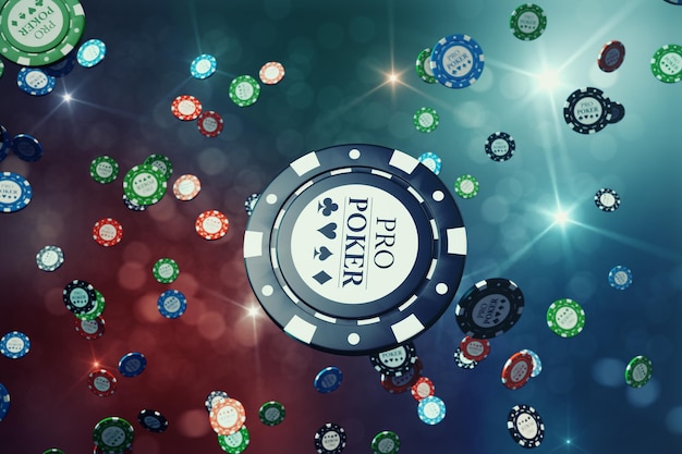 3D-Darstellung Fallende Casino-Chips mit glänzendem Hintergrund. Casino-Konzept, Pokerchips