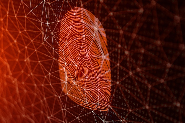 3D-Darstellung Fingerabdruckscan bietet sicheren Zugang mit biometrischer Identifizierung. Konzept-Fingerabdruck-Hacking, Bedrohung. Fingerabdruck mit Binärcode. Konzept der digitalen Sicherheit.