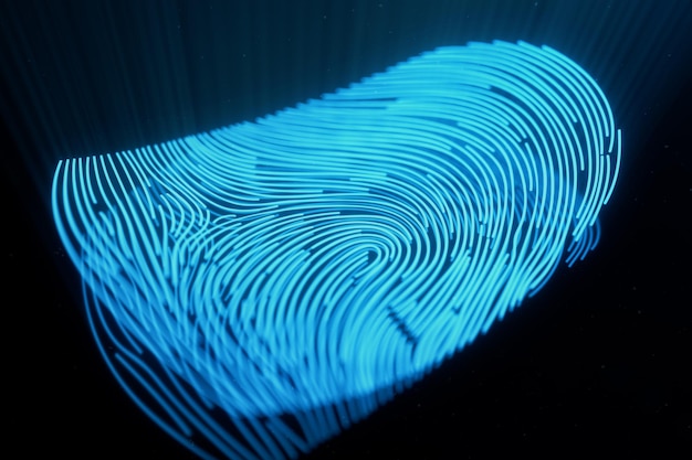 Foto 3d-darstellung fingerabdruckscan bietet sicheren zugang mit biometrischer identifizierung. konzept fingerabdruckschutz. gebogener fingerabdruck. konzept der digitalen sicherheit.