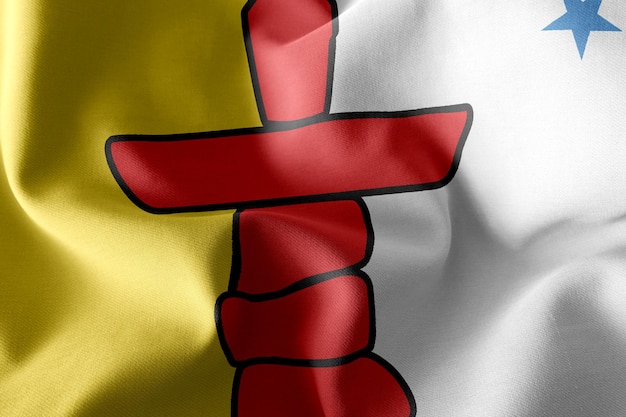 3D-Darstellung Flagge von Nunavut ist eine Region Kanadas. Winken auf dem textilen Hintergrund der Windfahne