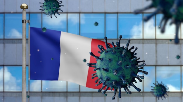 3D-Darstellung Französische Flagge weht auf moderner Wolkenkratzerstadt mit Coronavirus-Ausbruch, der das Atmungssystem als gefährliche Grippe infiziert. Schöner hoher Turm und Covid19-Virus mit nationalem Frankreich-Banner