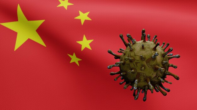 3D-Darstellung Grippe-Coronavirus, das über chinesischer Flagge schwebt, Erreger greift die Atemwege an. China Banner wehende Pandemie des Covid19-Virus-Infektionskonzepts. Nahaufnahme von echten Stoff Textur Fähnrich