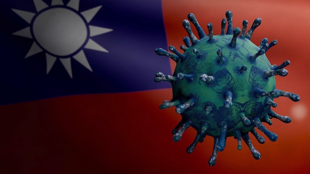 3D-Darstellung Grippe-Coronavirus, das über der taiwanesischen Flagge schwebt, Erreger greift die Atemwege an. Taiwan-Banner weht mit einer Pandemie der Covid19-Virusinfektion. Nahe echte Stofftextur Fähnrich