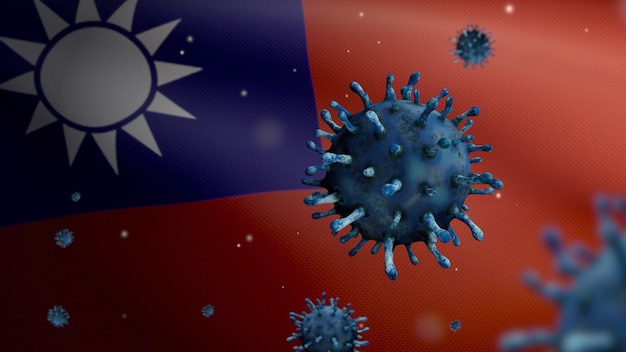 3D-Darstellung Grippe-Coronavirus, das über der taiwanesischen Flagge schwebt, Erreger greift die Atemwege an. Taiwan-Banner weht mit einer Pandemie der Covid19-Virusinfektion. Nahe echte Stofftextur Fähnrich