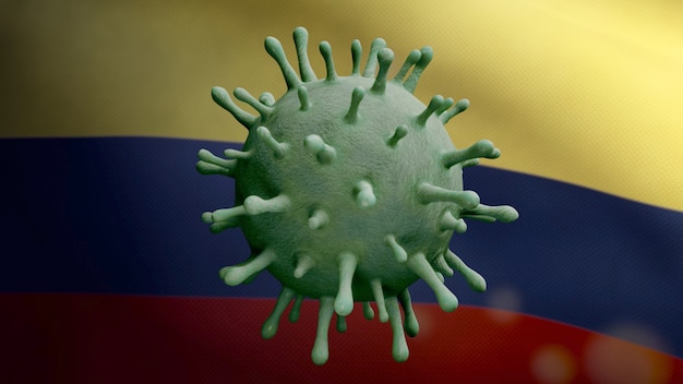3D-Darstellung Grippe-Coronavirus, das über kolumbianischer Flagge schwebt, Erreger greift die Atemwege an. Kolumbien-Banner winken mit dem Konzept der Infektion mit dem pandemischen Covid19-Virus. Fähnrich mit echter Stofftextur