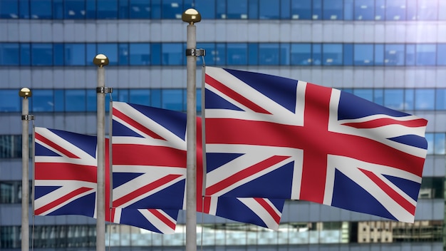 3D-Darstellung Großbritannien Fahnenschwingen in einer modernen Wolkenkratzerstadt. Schöner hoher Turm mit britischem Banner aus weicher, glatter Seide. Stoff Textur Fähnrich Hintergrund. Nationalfeiertag Länderkonzept.