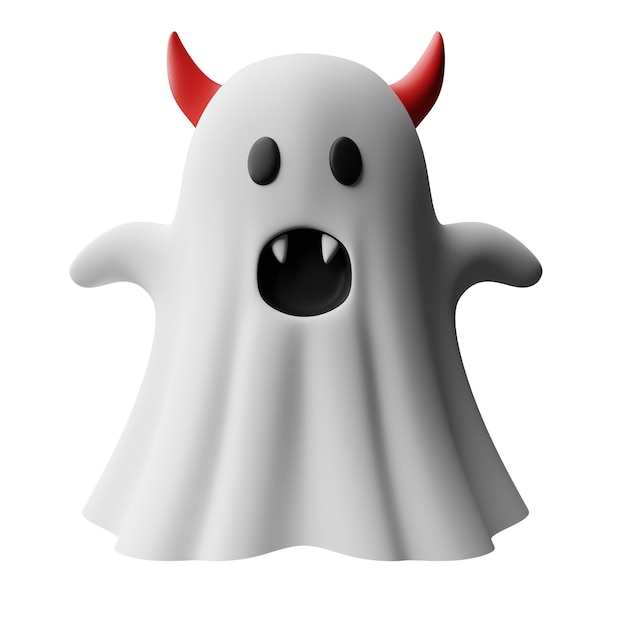 3D-Darstellung gruseliger weißer Geist mit Reißzähnen und rotem Horn, der Halloween dekorativ schwimmt