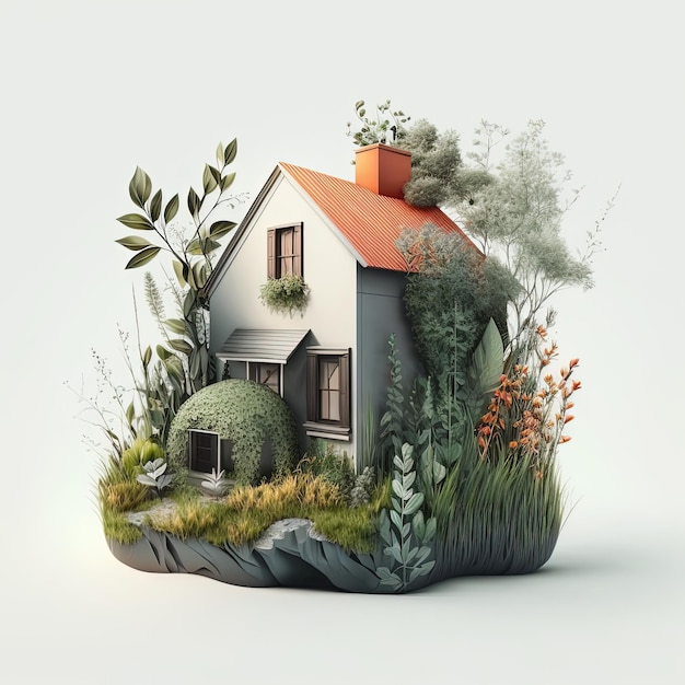 3D-Darstellung Haus mit Pflanzen und Garten, Gras