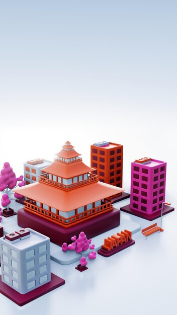 3D-Darstellung Hintergrund der japanischen Stadt mit einfachem Gebäude