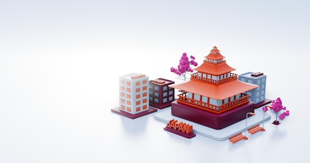 3D-Darstellung Japanische Hintergrundstadt mit der Präfektur Aichi als Wahrzeichen und Gebäuden in der Umgebung