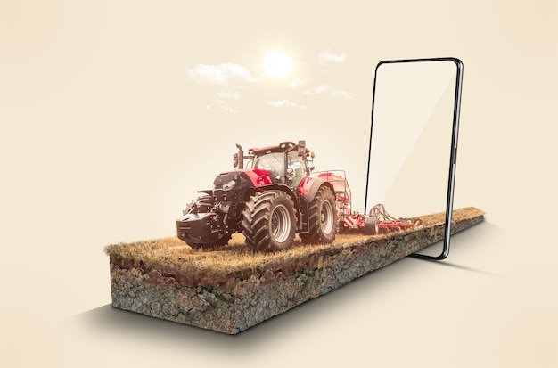 3d-Darstellung Landwirt mit einem mobilen autonomen Traktor. Realität in der Landwirtschaft. Intelligenter Bauernhof