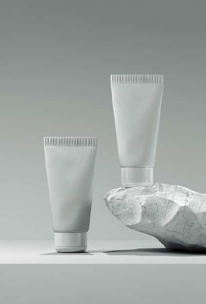 3D-Darstellung. Leeres weißes Röhrendesign auf einem Steinmodell-Vorderseiten-Rückprofil-Seitenansichtsset. Transparenter cremefarbener Verpackungsständer. Vorlage für ein Lotion-Hautpflegepaket. Kosmetikkonzept von Scincare.