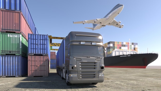 3D-Darstellung LKW mit Sicherheitslogistiksystem für Container- und Flugzeugtechnologie