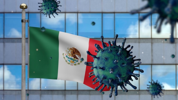 3D-Darstellung Mexikanische Flagge weht auf moderner Wolkenkratzerstadt mit Coronavirus 2019. Schöner hoher Turm und Ausbruch in Mexiko. Mikroskop-Virus Covid 19