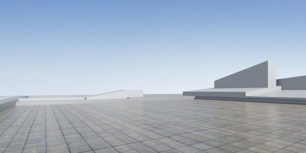 3d-darstellung moderner architektur mit leerer betonwand und bodenwagen-präsentationshintergrund