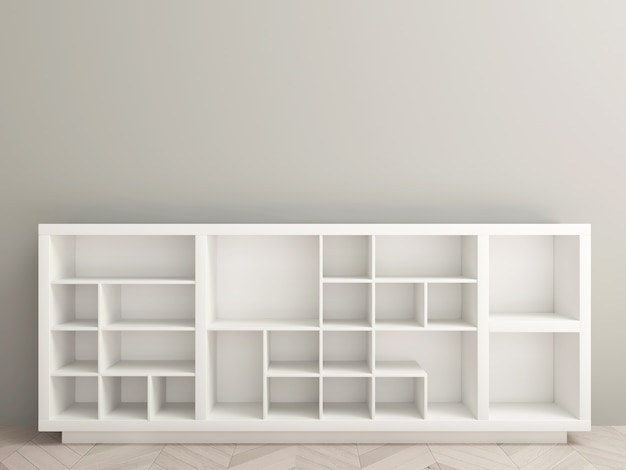 3D-Darstellung. Moderner Kleiderschrank oder leere Regale mit Nischen im minimalistischen Stil. Weißer Innenraum des Ladens. Die Möbel und Beleuchtung. Hintergrund für Banner