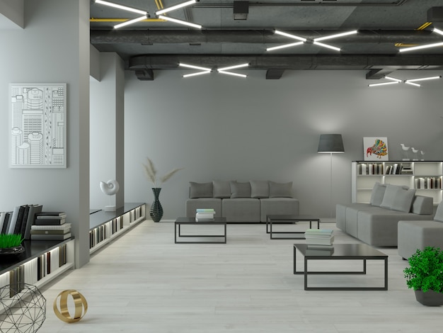 3d-darstellung. modernes interieur im loft-stil hintergrund. möbel und regale. bücherregal. büro