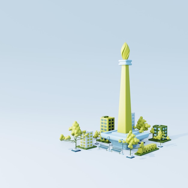 3D-Darstellung Monas als Wahrzeichen und Blick auf die Stadt Jakarta und Grünflächen in Blau und Grün