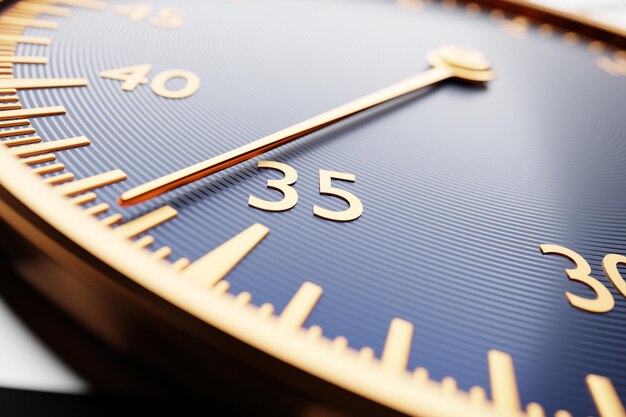3D-Darstellung Nahaufnahme der schwarzen Stoppuhr mit runder Uhr zeigt die Zahl 36 auf einem schwarz-weiß karierten Hintergrund Chronometer Vintage Timer
