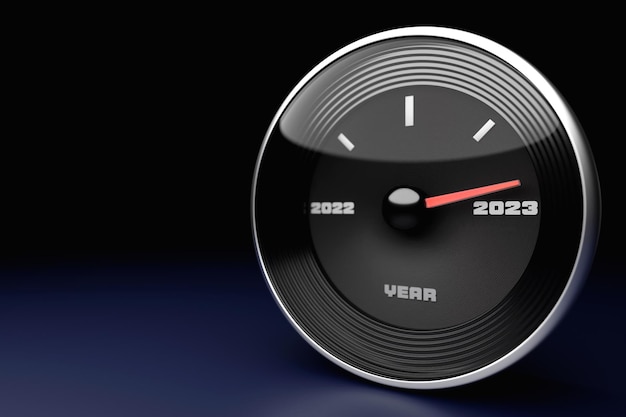 3D-Darstellung Nahaufnahme schwarzer Tachometer mit Cutoffs 20222023 und Kalendermonaten Das Konzept des neuen Jahres und Weihnachten im Automobilbereich Zählen der Monate bis zum neuen JahrxA