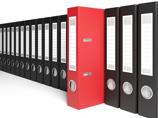 3D-Darstellung Organisiertes Archiv mit Ringbüchern in Folge ist ein rotes Archiv