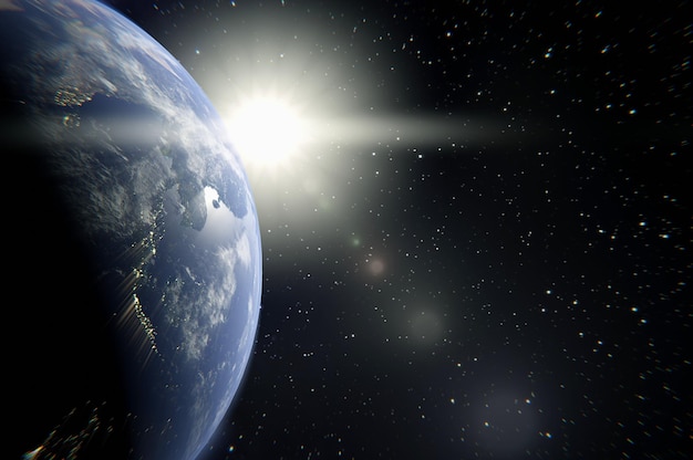 3D-Darstellung. Planet Erde mit einem spektakulären Sonnenuntergang. Kopieren Sie Platz für Logo und Text