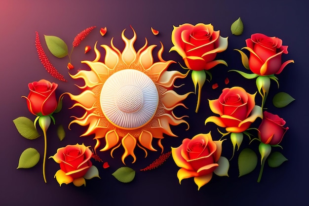 3D-Darstellung roter und gelber Rosenblüten auf dunkelblauem Hintergrund