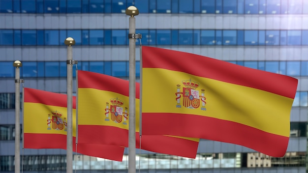 3D-Darstellung Spanische Fahnenschwingen in einer modernen Wolkenkratzerstadt. Schöner hoher Turm mit Spanien-Banner aus weicher, glatter Seide. Stoff Textur Fähnrich Hintergrund. Nationalfeiertag Länderkonzept.