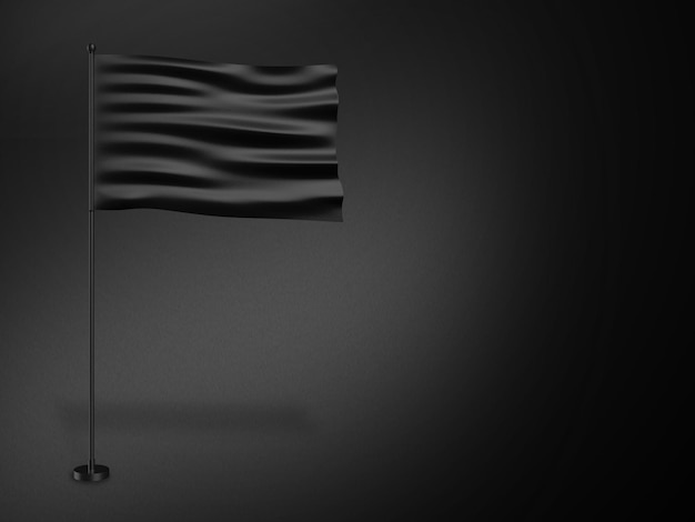 Foto 3d-darstellung stange mit gewellter flagge isoliert auf schwarzem hintergrund