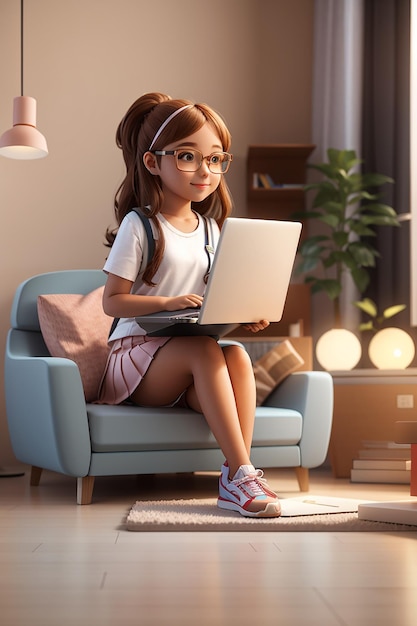 3D-Darstellung: süßes Mädchen sitzt mit gekreuzten Beinen und hält Laptop und lernt zu Hause aufgeregt, lernt neue Informationen