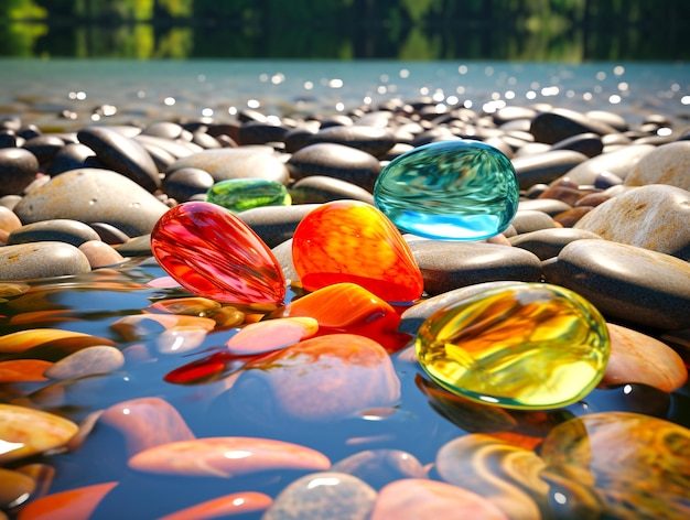 3D-Darstellung transparenter, bunter Felsen, die glitzerndem Sonnenlicht ausgesetzt sind