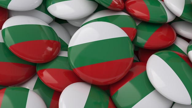 3D-Darstellung vieler Abzeichen mit der bulgarischen Flagge in Nahaufnahme