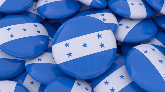 3D-Darstellung vieler Abzeichen mit der Flagge von Honduras in Nahaufnahme