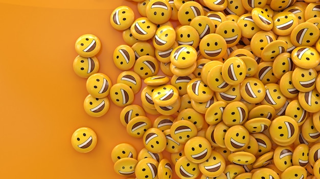 3D-Darstellung vieler lächelnder Emojis in glänzenden Pillen auf Orange