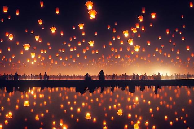 3D-Darstellung vieler Yee-Peng-Papierballons und Feuer in der Luft in Asien