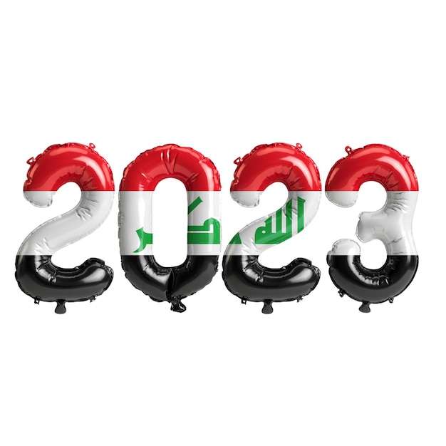 3D-Darstellung von 2023-jährigen Ballons mit Irak-Flagge isoliert auf weißem Hintergrund