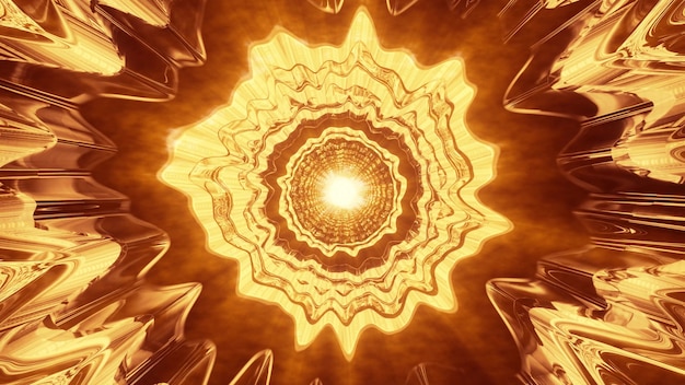 3D-Darstellung von 4K UHD kurvigem surrealem Ornament, das mit hellem goldenem Neonlicht leuchtet und einen abstrakten Tunnel bildet
