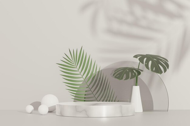 3D-Darstellung von abstrakten Podest-Podest-Display mit tropischen Monstera-Blättern. Produkt- und Promotionskonzept für die Werbung. Grüner natürlicher Hintergrund.