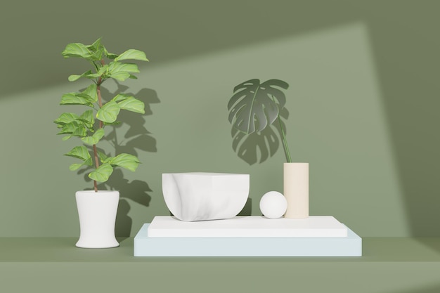 3D-Darstellung von abstrakten Podest-Podest-Display mit tropischen Monstera-Blättern. Produkt- und Promotionskonzept für die Werbung. Grüner natürlicher Hintergrund.