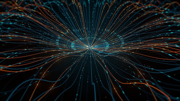 3D-Darstellung von abstrakter Form, die chaotisch verformt ist. Konzept der Datenzentralisierung.