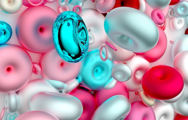 3D-Darstellung von abstrakter Kunst 3D-Hintergrund mit surrealer Mischung aus chaotischen süßen Süßigkeiten, kleinen und großen Ringen