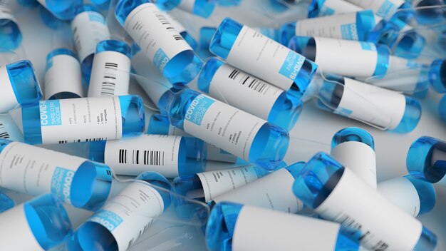 3D-Darstellung von Ampullen mit blauem Impfstoff in transparenten Fläschchen. Behandlungskonzept für Covid-Sars.