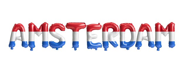 3D-Darstellung von Amsterdamletter-Ballons mit Flaggenfarbe isoliert auf Weiß