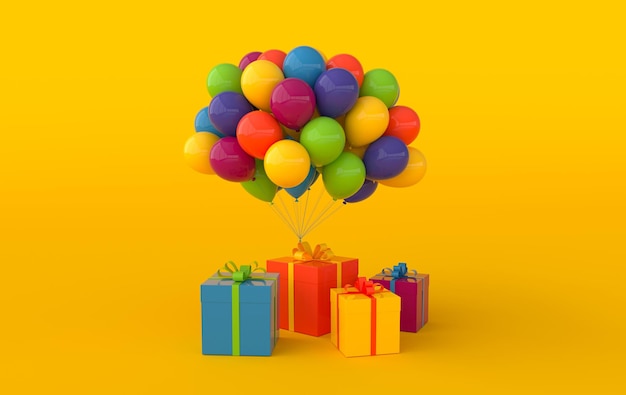 3D-Darstellung von bunten Luftballons und Geschenkbox mit Schleifenhintergrund