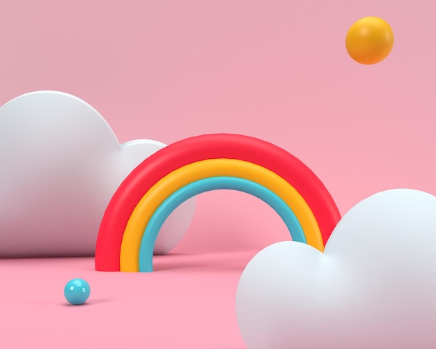 3D-Darstellung von bunten Wolken und Regenbogen mit leerem Raum für die Präsentation von Kindern oder Babyprodukten